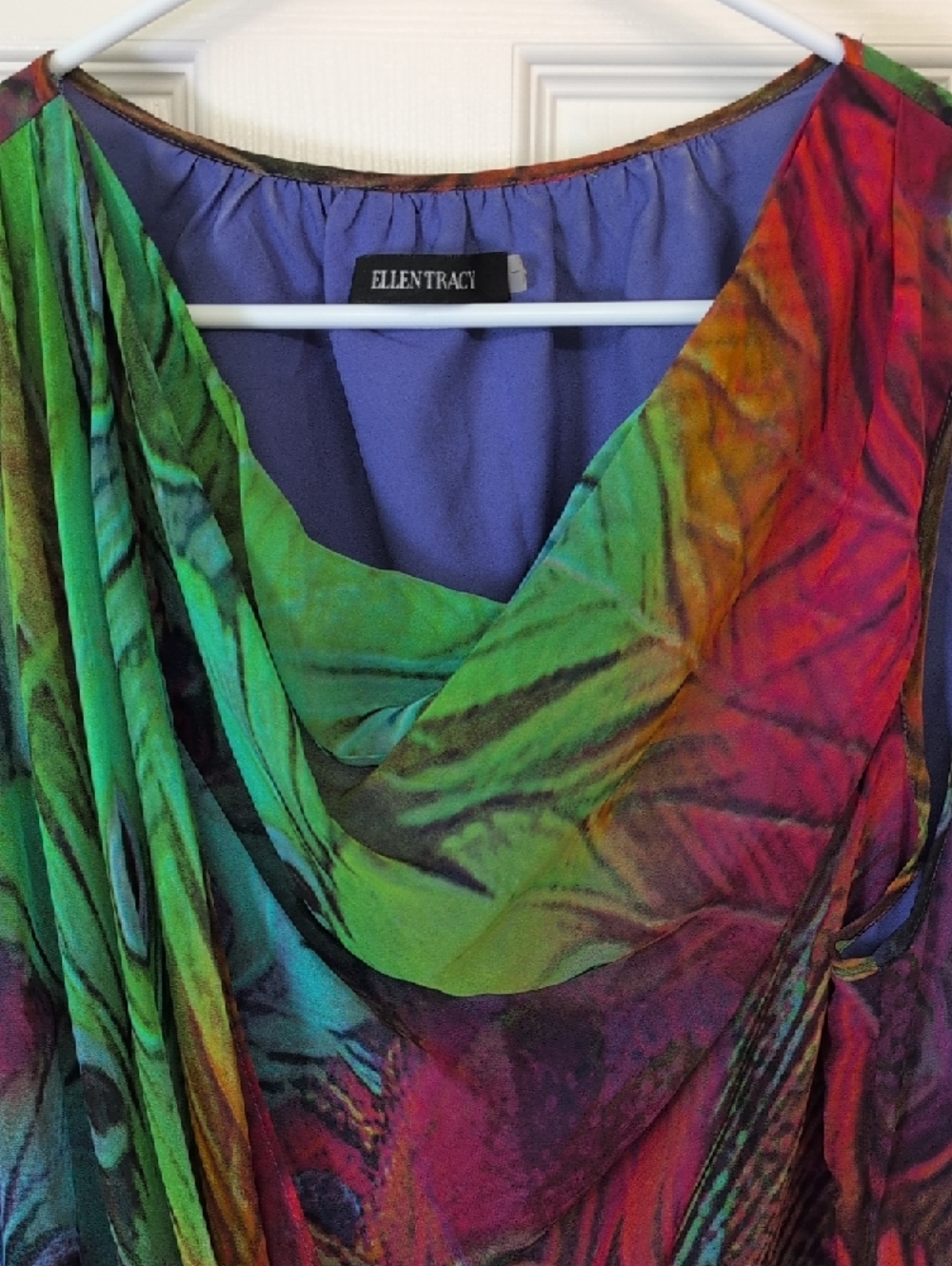 Ellen Tracy Purple Top with Multicolor Neck Trim Lightweight Peacock Maximalism - Picture 3 of 8